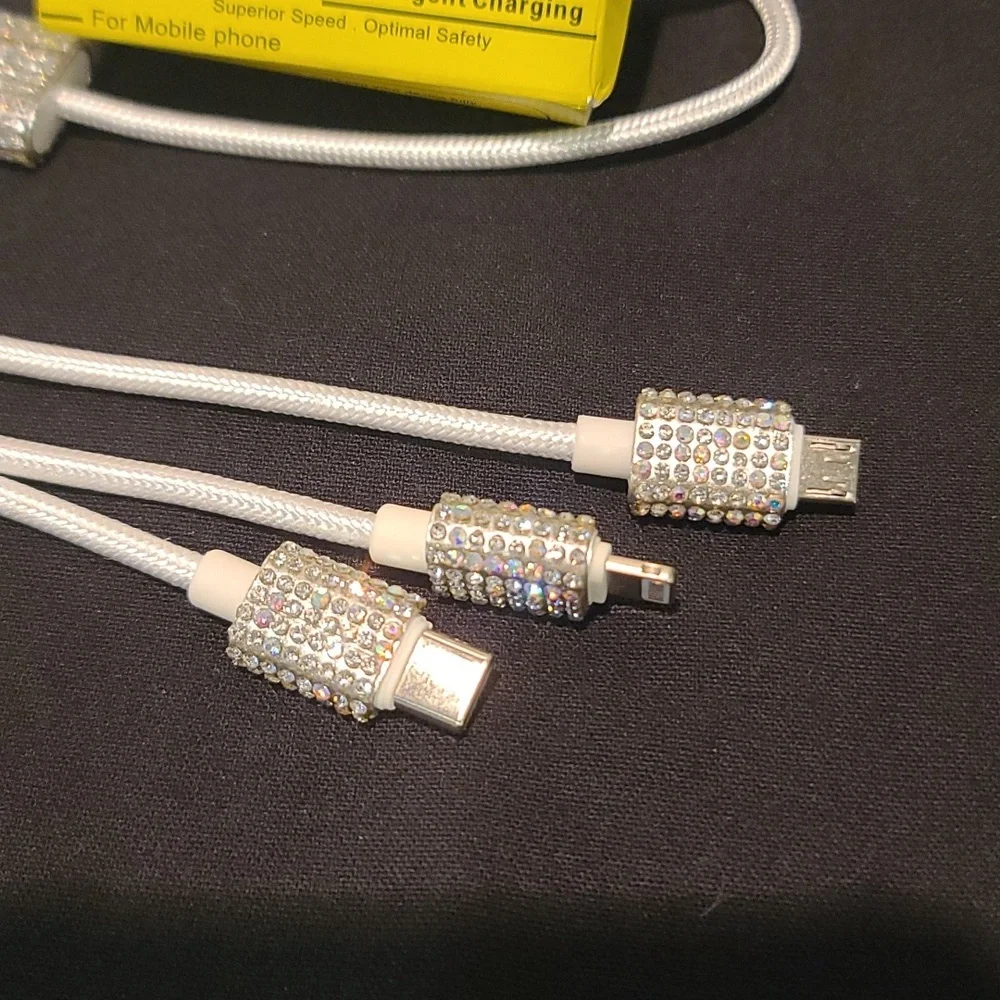 Charger system rhinestone Iphone,USB A, USB C & USB android white cord